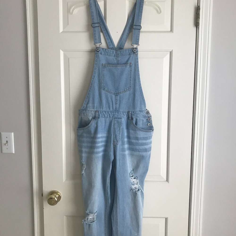 👖 Love Tree DISTRESSED Light Wash Long Jean OVERALLS 👖